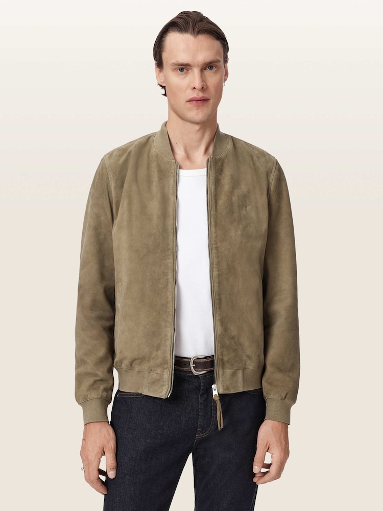 AllSaints Green Morten Suede Bomber Jacket - Image 1 of 6