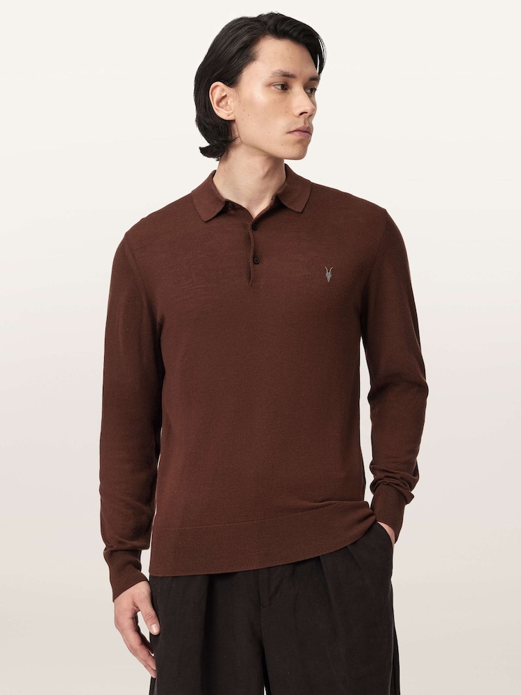 AllSaints Brown Mode Merino Ls Polo Shirt - Image 1 of 6