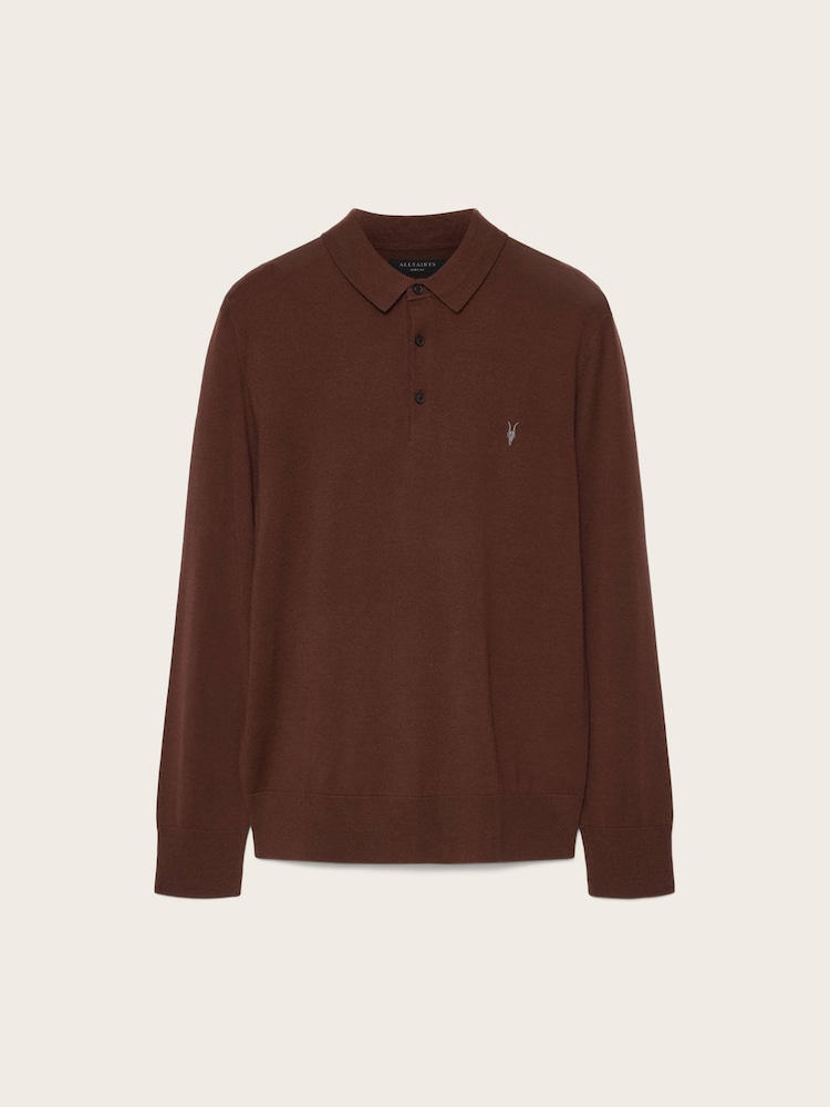 AllSaints Brown Mode Merino Ls Polo Shirt - Image 6 of 6