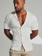 Tailored Athlete White Muscle Fit Geo Jacquard Revere Collar Knitted Shirt - Image 1 of 7