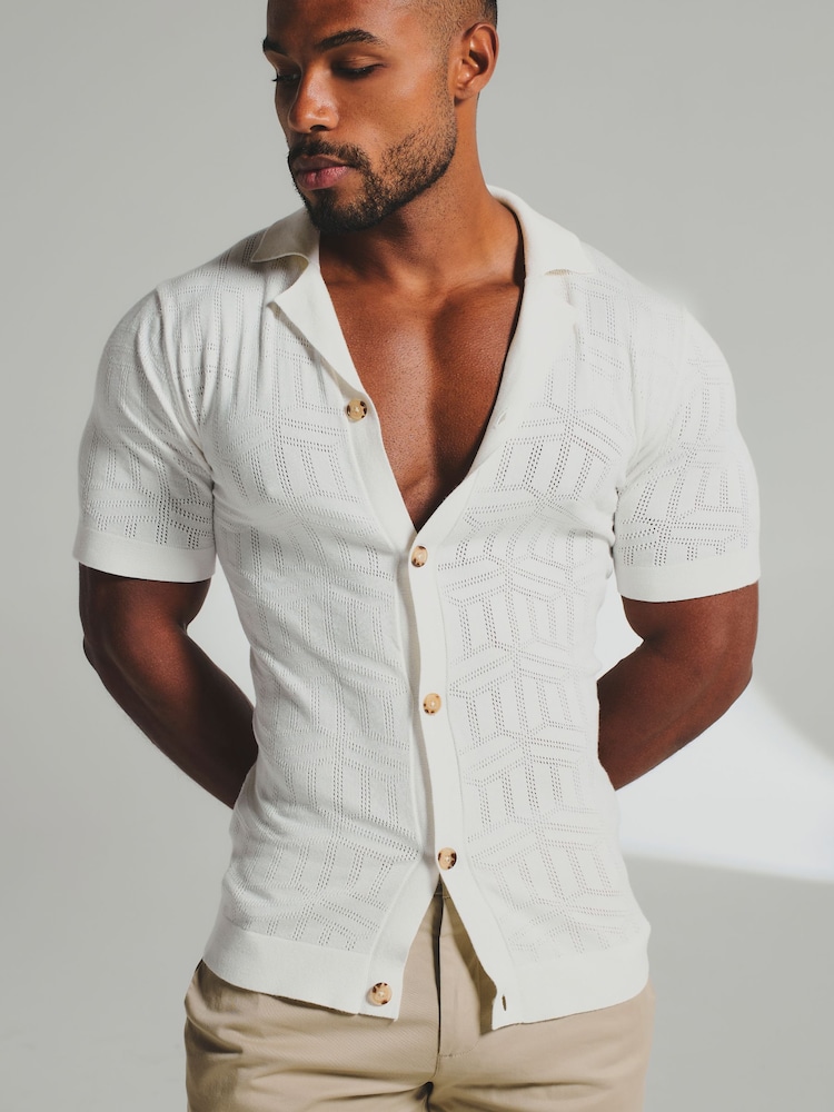 Tailored Athlete White Muscle Fit Geo Jacquard Revere Collar Knitted Shirt - Image 1 of 7 Tailored Athlete White Muscle Fit Geo Jacquard Revere Collar Knitted Shirt - Image 1 of 7