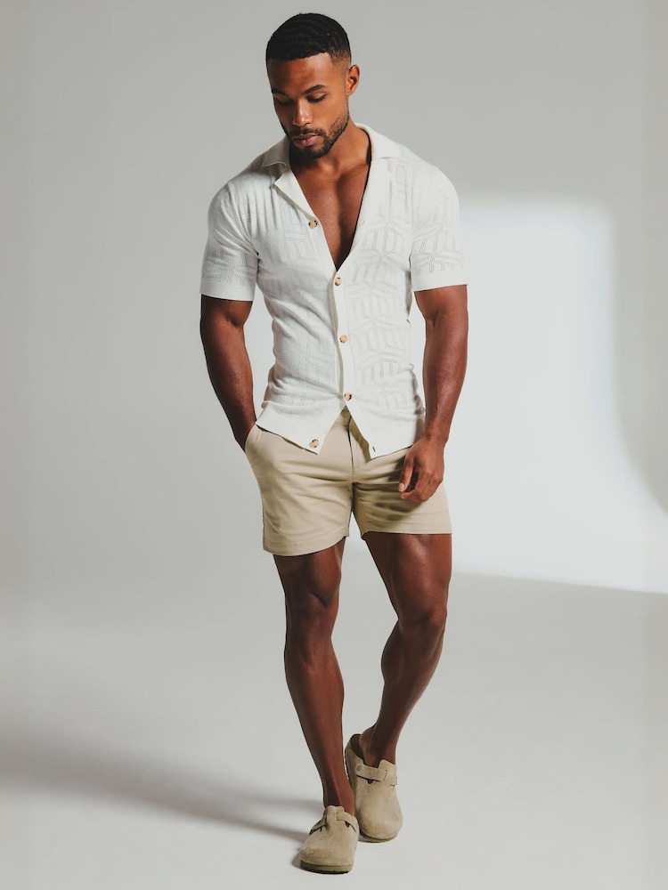 Tailored Athlete White Muscle Fit Geo Jacquard Revere Collar Knitted Shirt - Image 2 of 7 Tailored Athlete White Muscle Fit Geo Jacquard Revere Collar Knitted Shirt - Image 2 of 7