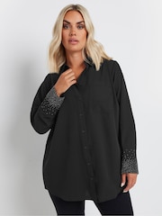 Yours Curve Black Diamante Trickle Sleeve Shirt - Image 1 of 5