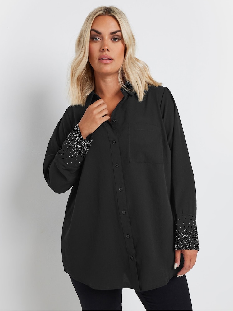 Yours Curve Black Diamante Trickle Sleeve Shirt - Image 1 of 5