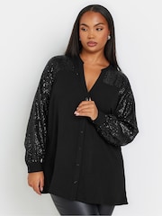 Yours Curve Black Sequin Sleeve Notchneck Blouse - Image 1 of 5