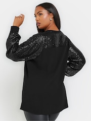 Yours Curve Black Sequin Sleeve Notchneck Blouse - Image 3 of 5
