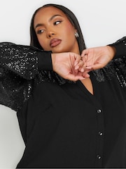 Yours Curve Black Sequin Sleeve Notchneck Blouse - Image 4 of 5