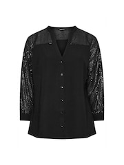 Yours Curve Black Sequin Sleeve Notchneck Blouse - Image 5 of 5