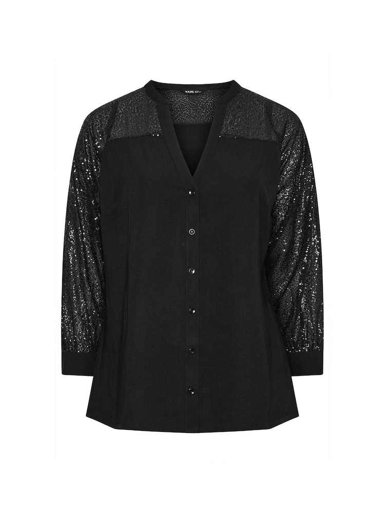 Yours Curve Black Sequin Sleeve Notchneck Blouse - Image 5 of 5
