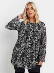 Yours Curve Grey Mesh Flute Sleeve Leopard Print Top - Image 1 of 6