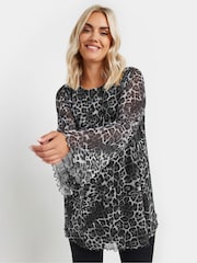Yours Curve Grey Mesh Flute Sleeve Leopard Print Top - Image 2 of 6