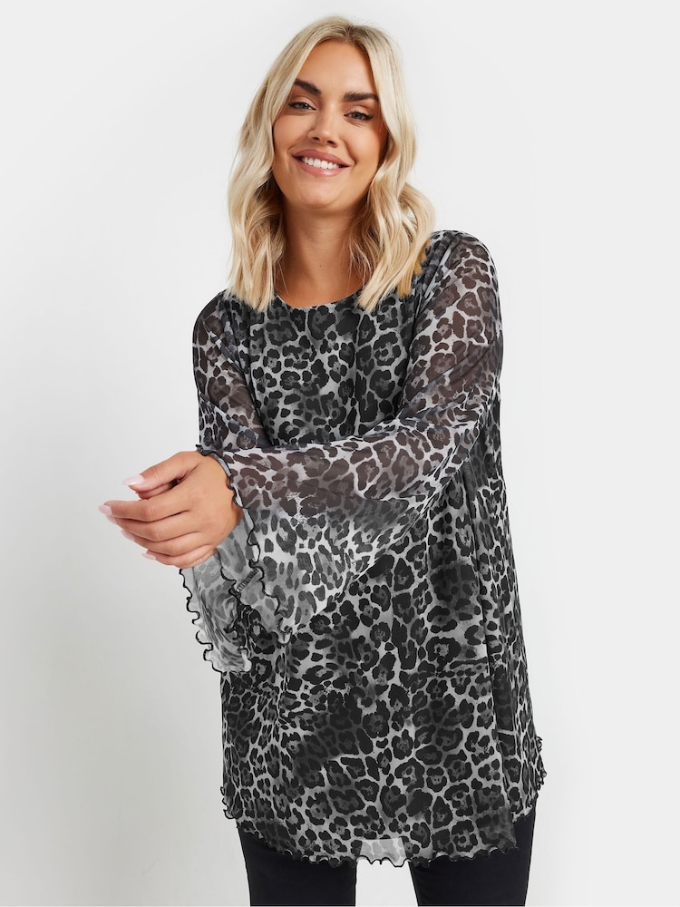 Yours Curve Grey Mesh Flute Sleeve Leopard Print Top - Image 2 of 6