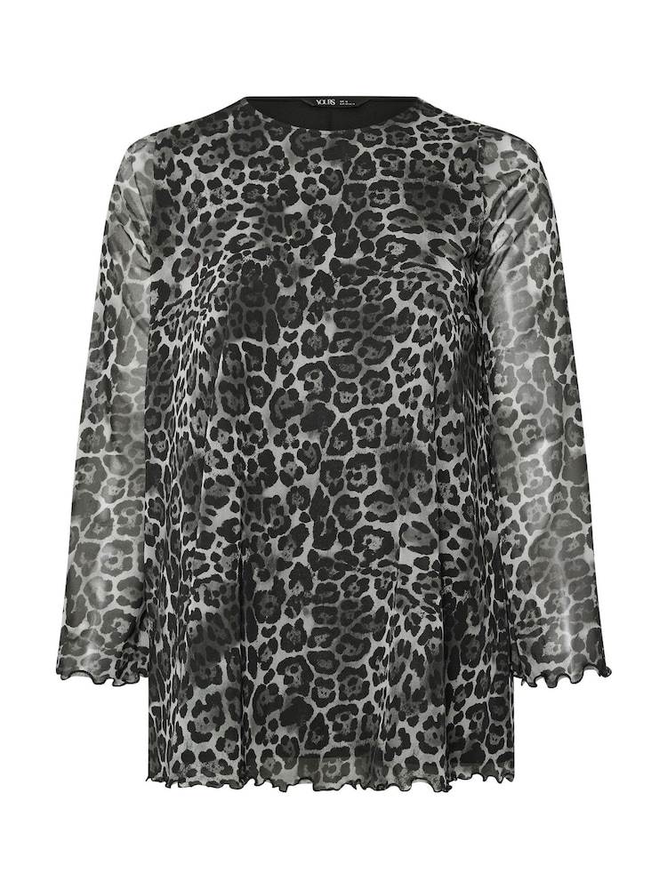 Yours Curve Grey Mesh Flute Sleeve Leopard Print Top - Image 6 of 6
