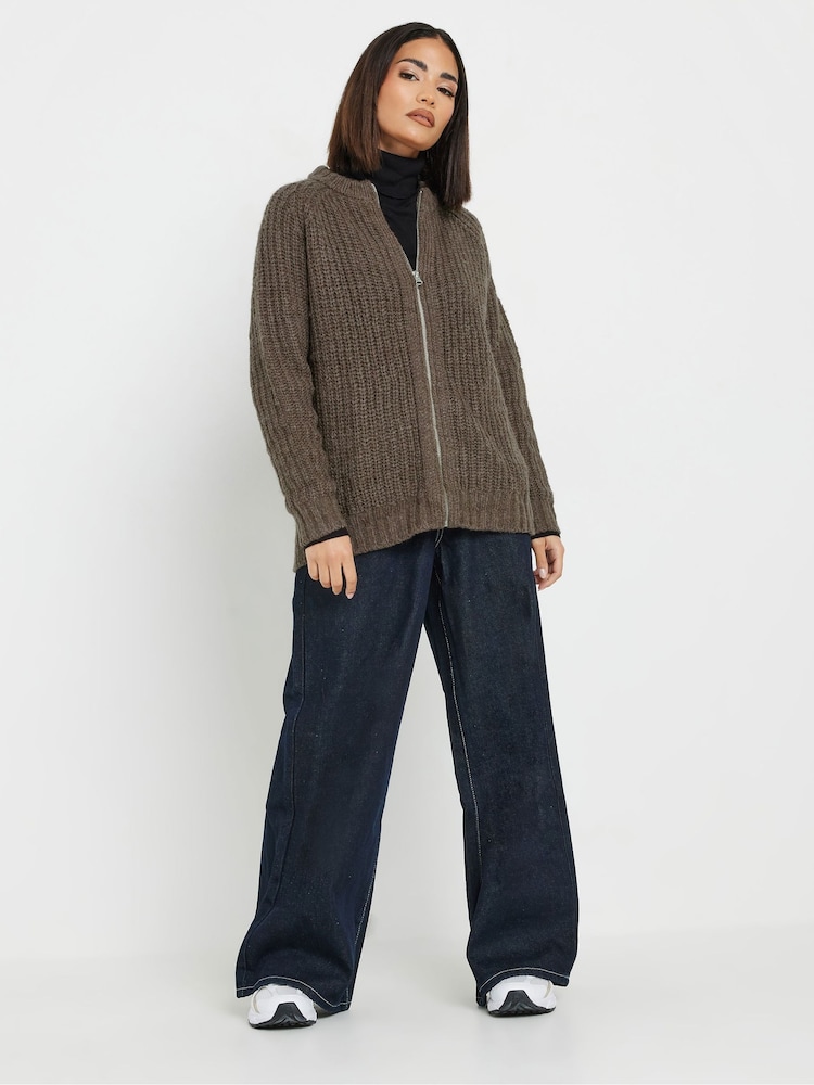 PixieGirl Petite Brown Knitted Bomber Jacket - Image 1 of 5
