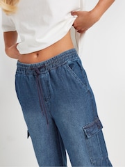 PixieGirl Petite Blue Blk Pull On 100% Cotton Cargo Jeans - Image 4 of 5