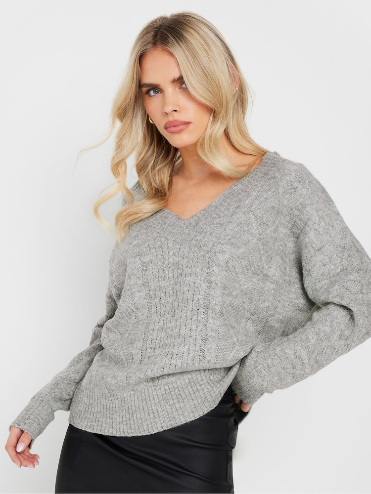 PixieGirl Petite Grey Cable Knit V-Neck Jumper - Image 1 of 5