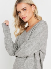 PixieGirl Petite Grey Cable Knit V-Neck Jumper - Image 4 of 5
