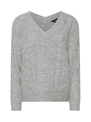 PixieGirl Petite Grey Cable Knit V-Neck Jumper - Image 5 of 5