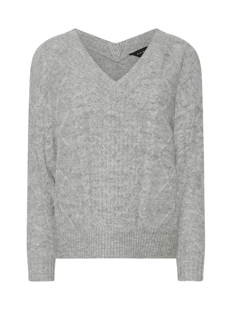PixieGirl Petite Grey Cable Knit V-Neck Jumper - Image 5 of 5