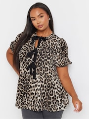 Yours Curve Natural Woven Leopard Print Bow Top - Image 2 of 6