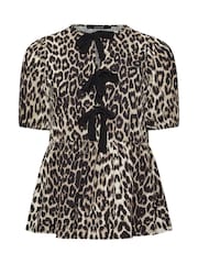 Yours Curve Natural Woven Leopard Print Bow Top - Image 6 of 6