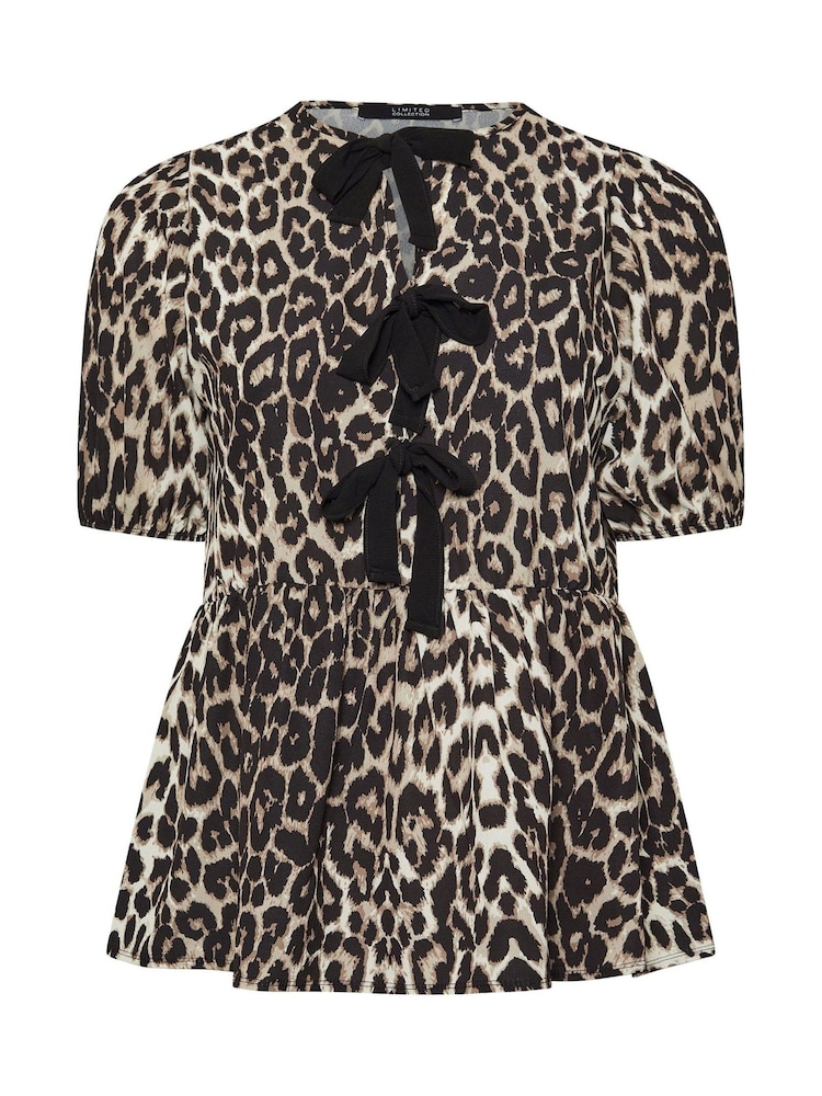 Yours Curve Natural Woven Leopard Print Bow Top - Image 6 of 6