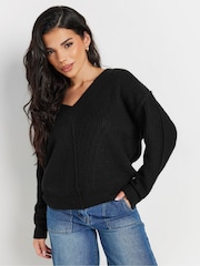 PixieGirl Petite Black Cable Knit V-Neck Jumper - Image 1 of 5