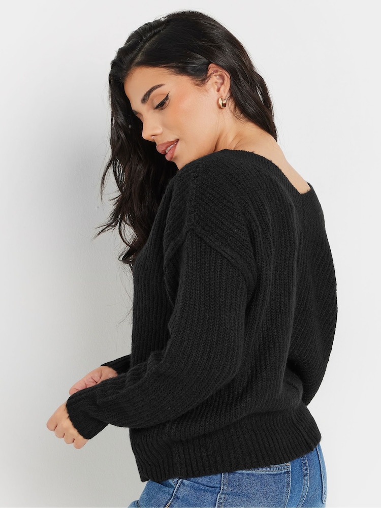 PixieGirl Petite Black Cable Knit V-Neck Jumper - Image 3 of 5
