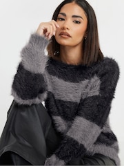 PixieGirl Petite Grey Stripe Feather Slash Neck Jumper - Image 4 of 5