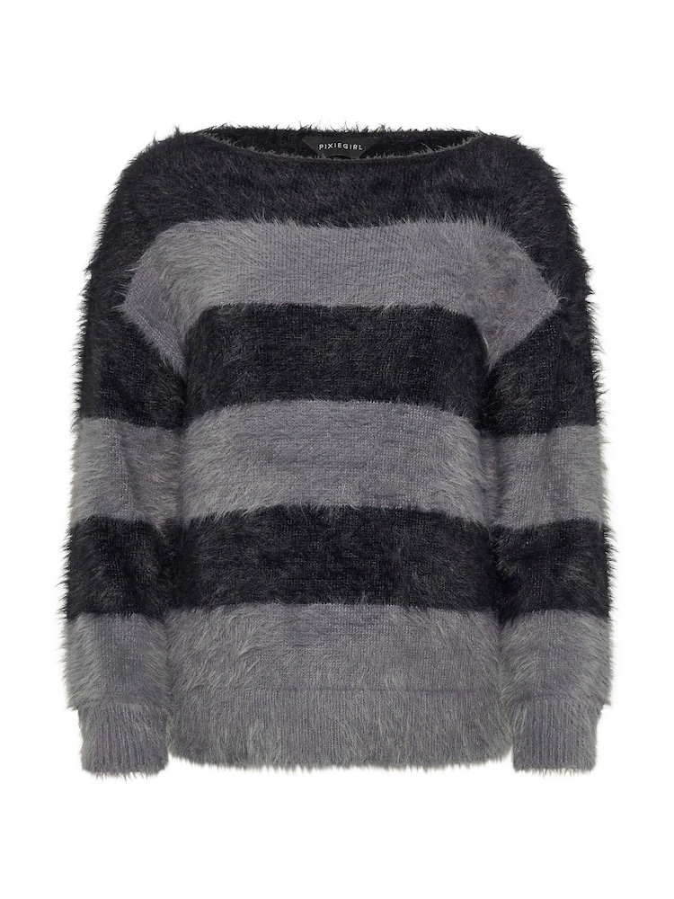 PixieGirl Petite Grey Stripe Feather Slash Neck Jumper - Image 5 of 5