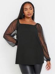 Yours Curve Black Square Neck Glitter Top - Image 1 of 5