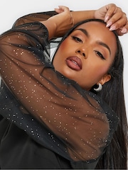 Yours Curve Black Square Neck Glitter Top - Image 4 of 5