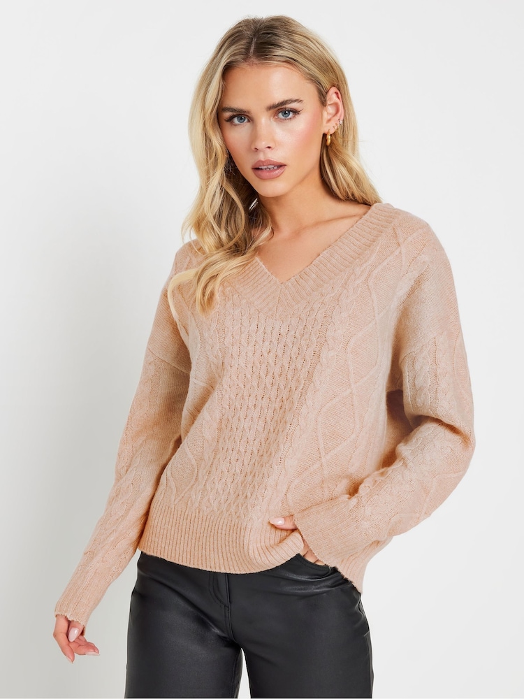PixieGirl Petite Pink Cable Knit V-Neck Jumper - Image 1 of 5
