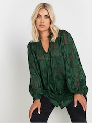 Yours Curve Green Jewel Tie Neck Blouse - Image 1 of 5