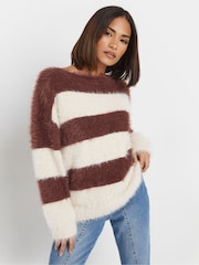 PixieGirl Petite Brown Stripe Feather Slash Neck Jumper - Image 1 of 1