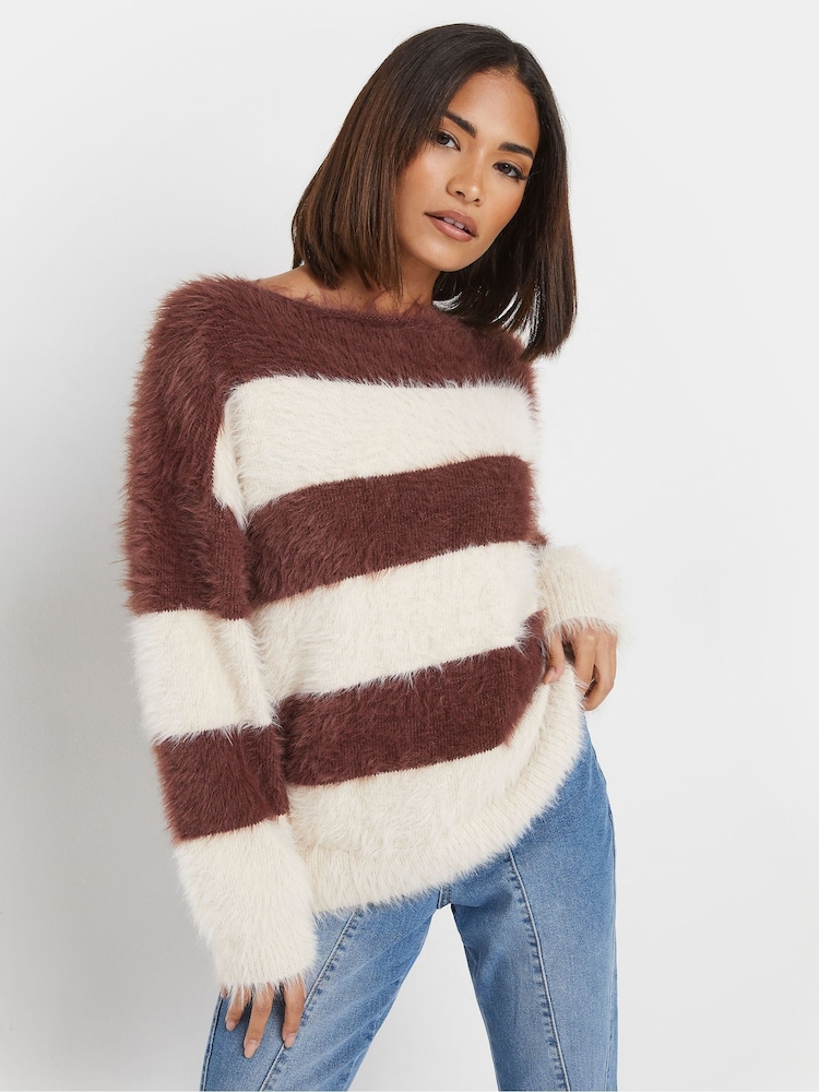 PixieGirl Petite Brown Stripe Feather Slash Neck Jumper - Image 1 of 1