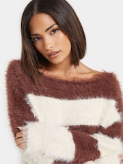 PixieGirl Petite Brown Stripe Feather Slash Neck Jumper - Image 4 of 5