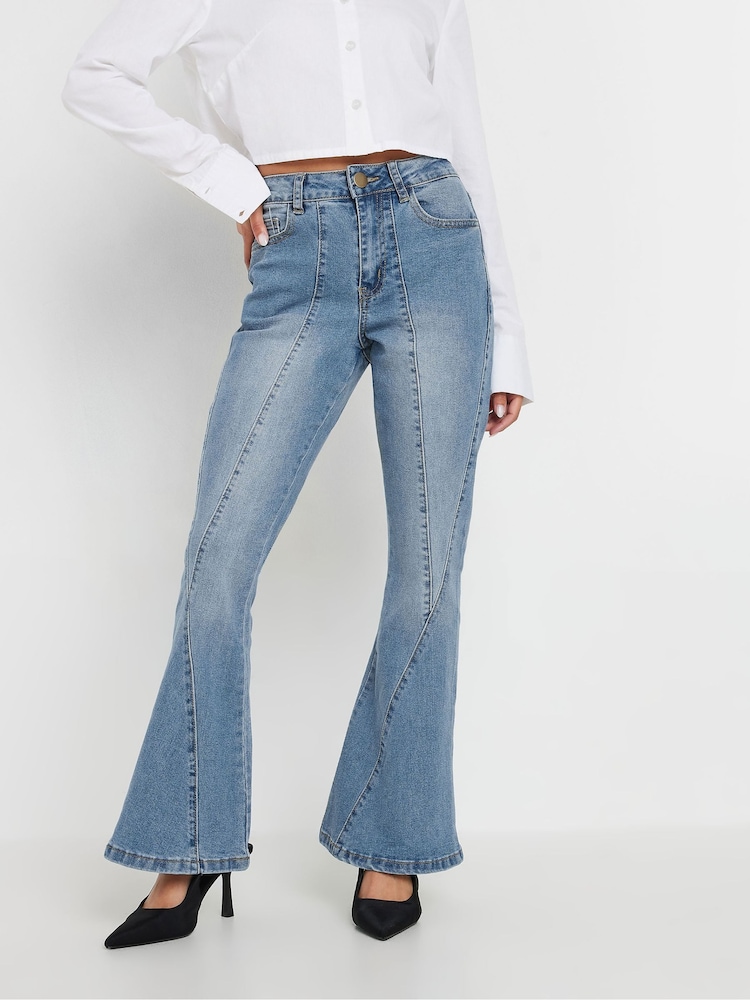 PixieGirl Petite Blue Twisted Seam Kick Flare Jeans - Image 1 of 5
