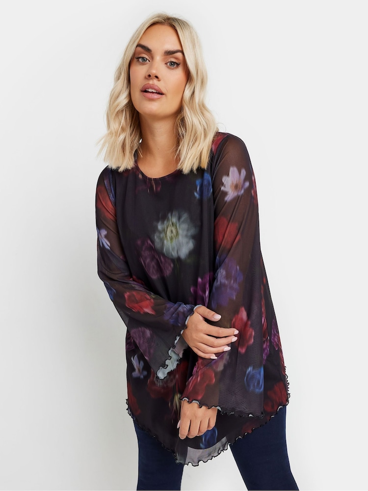 Yours Curve Black Mesh Flute Sleeve Top - Image 1 of 5