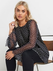 Yours Curve Black Mesh Flute Sleeve Top - Image 1 of 5