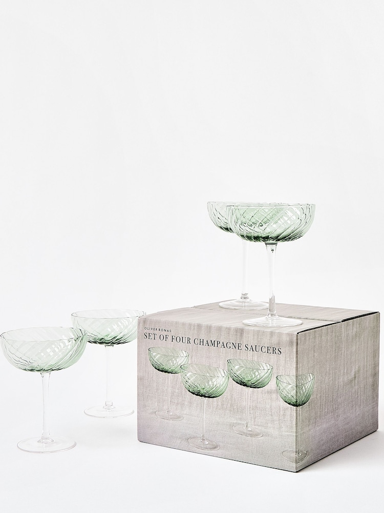 Oliver Bonas Green Elena Swirl Champagne Saucers Set of Four - Image 1 of 4