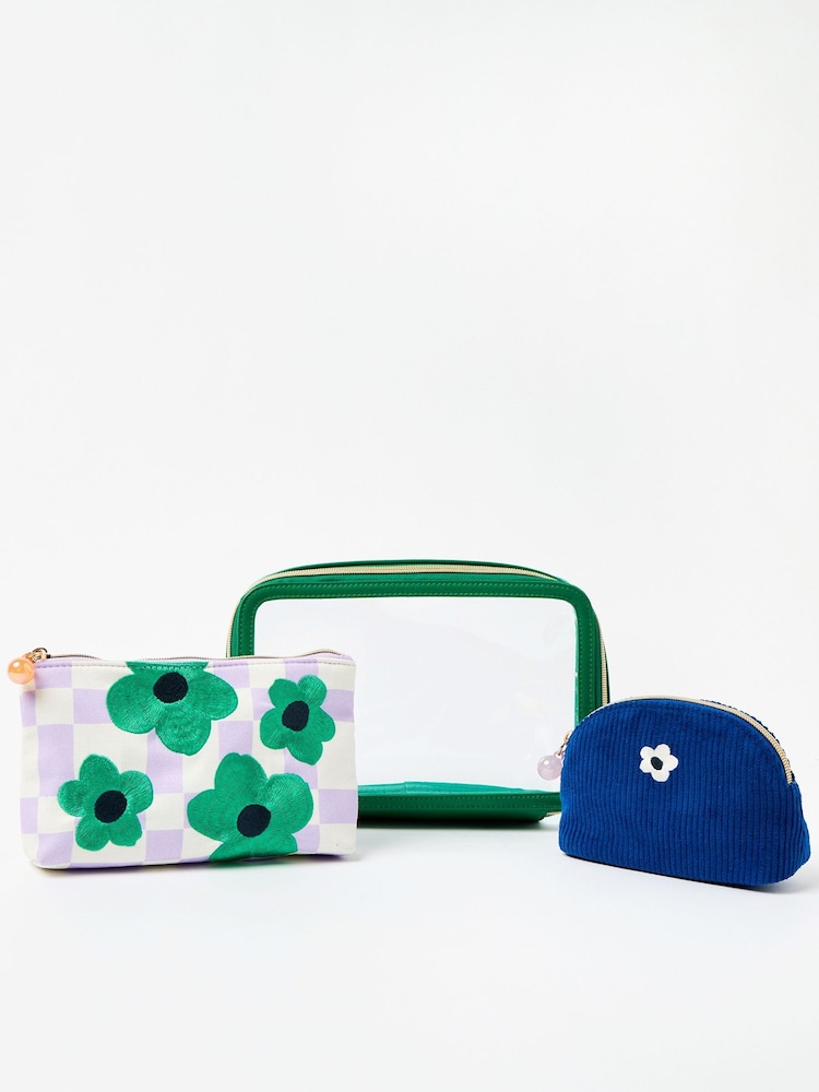 Oliver Bonas Multi Flower Chequerboard Make Up Bags Set of Three - Image 1 of 4