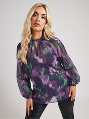 Yours Curve Blue/Purple London Keyhole Crochet Trim Blouse - Image 1 of 5