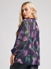 Yours Curve Blue/Purple London Keyhole Crochet Trim Blouse - Image 3 of 5