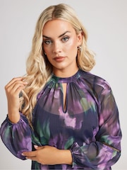 Yours Curve Blue/Purple London Keyhole Crochet Trim Blouse - Image 4 of 5