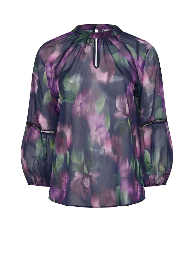 Yours Curve Blue/Purple London Keyhole Crochet Trim Blouse - Image 5 of 5