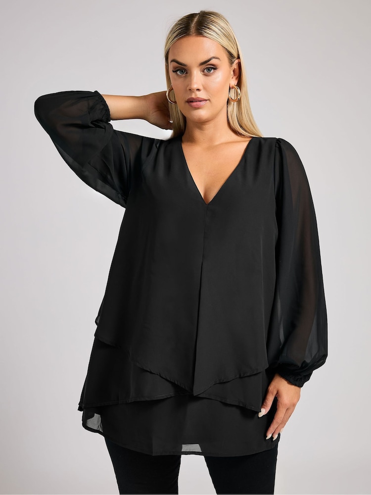 Yours Curve Black London Bellow Long Sleeve Layered Blouse - Image 1 of 6