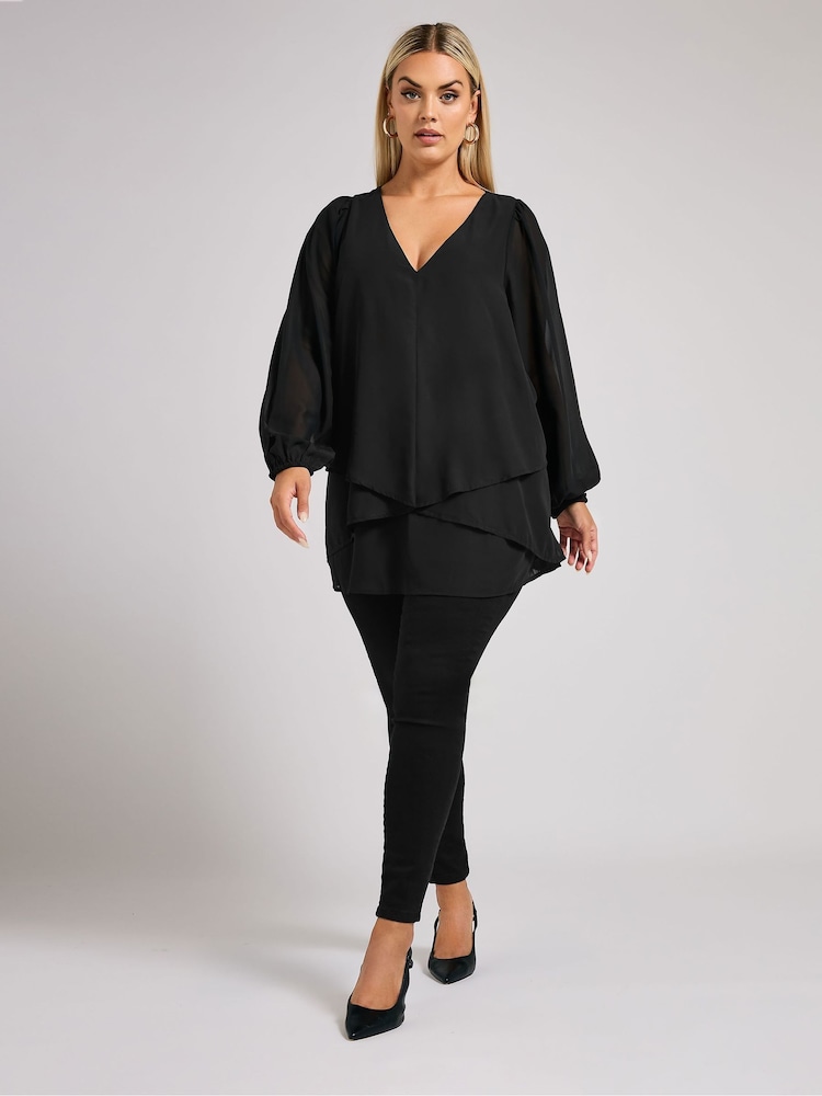 Yours Curve Black London Bellow Long Sleeve Layered Blouse - Image 2 of 6