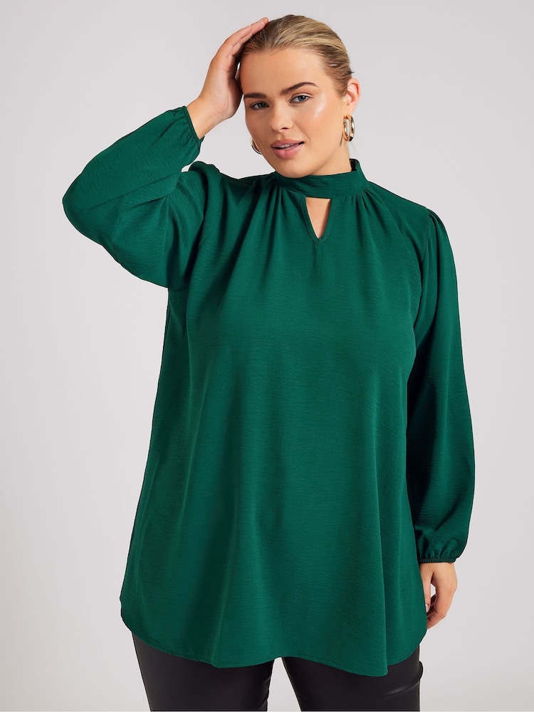 Green - Yours Curve London Long Sleeve Keyhole Blouse - Image 1 of 5 Green - Yours Curve London Long Sleeve Keyhole Blouse - Image 1 of 5