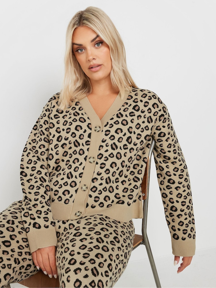 Yours Curve Natural Leopard Print Knitted Cardigan - Image 1 of 5